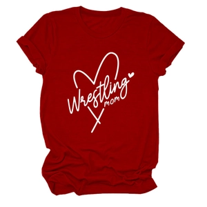 Burgundy Wrestling Mom T-shirt with white heart design and rolled cuff short sleeves