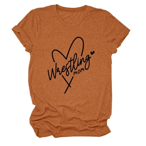 Detail of Wrestling Mom graphic print on a casual caramel orange short sleeve t-shirt
