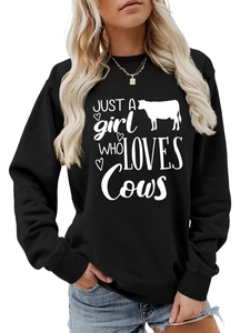 Detail of Just a Girl Who Loves Cows black sweatshirt with ribbing and screen print