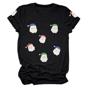T-shirt femme noir à col rond avec motifs de Père Noël à paillettes colorées et festives