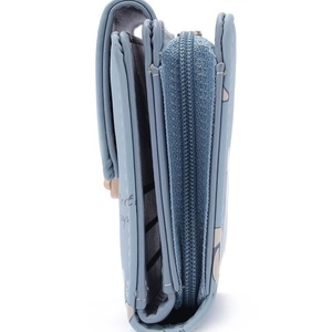 Detail of light blue short wallet featuring multi-layer accordion structure and metal zipper
