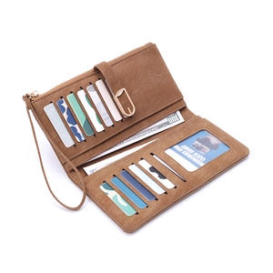 Brown frosted PU leather long wallet with leaf clasp and multiple card slots