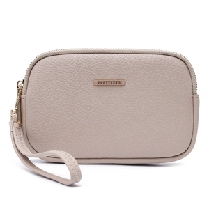 Close-up of beige litchi grain faux leather wallet with PRETTYZYS metal logo and strap