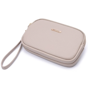 Minimalist beige pebble leather wristlet clutch with golden zipper and hand strap