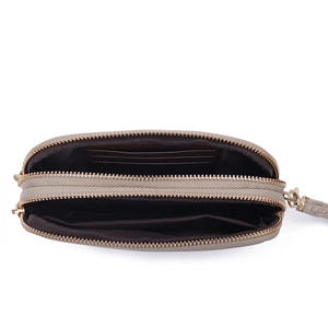 Minimalist beige multi-functional handbag with double zipper and card slots