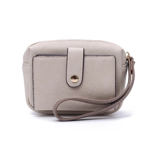 Beige floral print PU leather short wallet with woven wristlet and metal magnetic snap