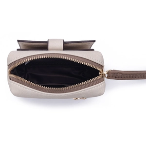 Women's cream PU leather short wallet with top zipper closure and wristlet strap