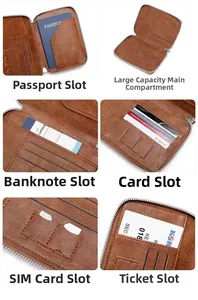 Porte-passeport en cuir marron avec fentes pour cartes, emplacements SIM et compartiments