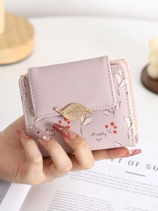 Women Short PU Leather Wallet Korean Style Floral Berry Print Folding Purse With Golden Leaf Buckle Zipper Student Coin Pocket