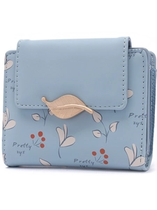 Short PU leather wallet for women with leaf metal clasp and berry print in light blue