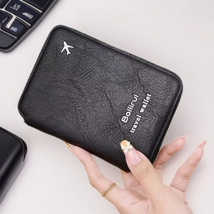 Protège-passeport Unisexe en Cuir PU Portefeuille de Voyage Fermeture Éclair Organisateur de Documents avec Icône d'Avion