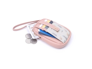 Portefeuille rose en nylon avec fentes pour cartes, zip et détail feuille florale