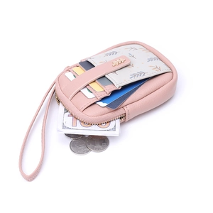Portefeuille en nylon rose étanche avec imprimé feuilles, fentes cartes et dragonne pour monnaie