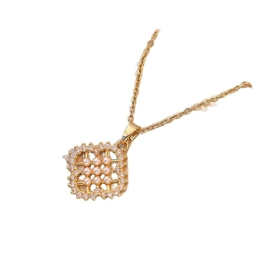 Elegant gold titanium necklace with square pearl matrix pendant and pavé zircon border