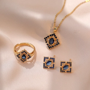 Retro Palatial Necklace And Open Ring And Earrings Jewelry For Women Titanium Steel Synthetic Sapphire Zircon Flower Gold Tone