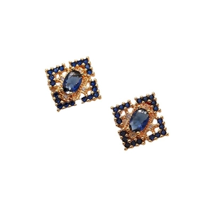 Vintage gold hollow diamond earrings with blue sapphire center stone for women