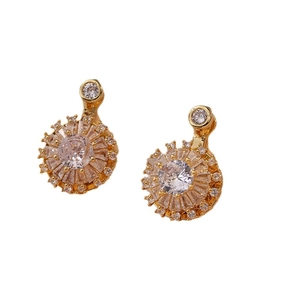 Golden sunflower earrings with clear zircon stones on a clean white background