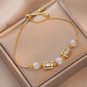 Mermaid Artificial Pearl Cubic Zirconia Adjustable Bracelet Geometric Square Frame Sliding Chain Fashion Jewelry For Women