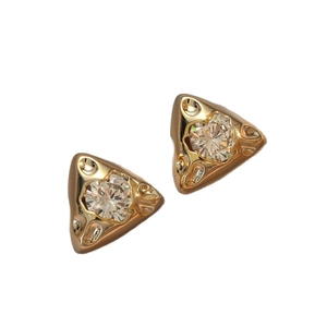 Elegant gold triangle stud earrings with round brilliant cubic zirconia on white backdrop
