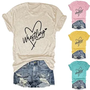 Women T-Shirt Wrestling Mom Heart Graphic Cotton Blend Short Sleeve Round Neck Loose Casual Top