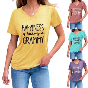 Damen V-Ausschnitt Kurzarm T-Shirt Baumwollmischung Buchstaben Aufdruck Happiness Is Being A Grammy Casual Top