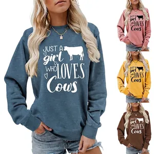 Just A Girl Who Loves Cows Printed Sweatshirt For Women Cotton Blend Round Neck Long Sleeve Loose Pullover Casual Streetwear Top