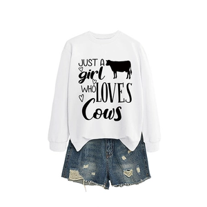 Women's white sweatshirt with cow print and ripped denim shorts summer outfit set