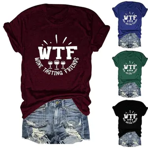 T-Shirt Donna Misto Cotone WTF Wine Tasting Friends Stampa Estate Casual Girocollo Ampio Top Grafico