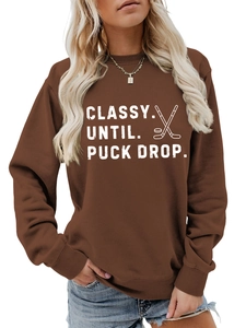 Detail view of classy until puck drop hockey sweatshirt with ribbed cuffs and hem