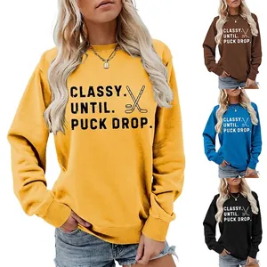 Women Sweatshirt Cotton Blend Crewneck Long Sleeve Loose Classy Until Puck Drop Hockey Graphic Sporty Casual Top