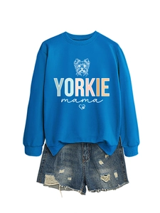 Detailansicht von Klein-blauem Yorkie-Mama-Sweatshirt und zerrissenen Denim-Shorts