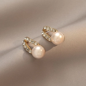 Elegant Korean Style Geometric Freshwater Pearl Earrings With Zircon Encrusted Copper Gold Plated Jewelry For Women