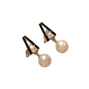 French vintage geometric earrings with black enamel triangles and champagne pearls