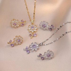 Stainless Steel Zirconia Purple Flower Necklace Earrings Jewelry Set For Women Elegant Floral Pendant Chain Party Accessories