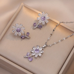 Daisy jewelry set with purple zircon pendant necklace and earrings in a gift box