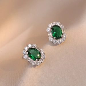 Elegant Oval Gemstone Halo Stud Earrings Geometric Copper With Zircon Rhinestone Retro Noble Style For Women