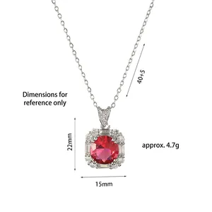 Elegant silver necklace featuring a square red gemstone pendant with small zircon stones