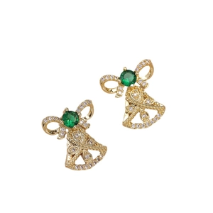 Elegant emerald zircon Christmas bell drop earrings with pavé stones in gold finish