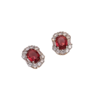 Elegant emerald-cut red ruby stud earrings with vintage halo zircon setting on white background