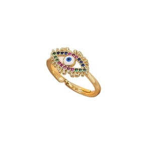 Adjustable evil eye ring with colorful zircon stones and gold-plated finish on white background