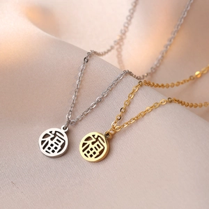 Lucky Fu Character Pendant Necklace Stainless Steel Hollow Round Charm Elegant Jewelry For Women