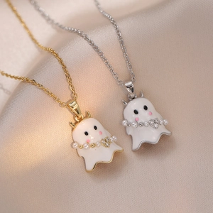 Collier Pendentif Fantôme Mignon Acier Inoxydable Émail Künstliche Perle Strass Cœur Halloween Bijoux Pour Femme
