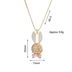 Cute hollow rabbit pendant necklace with pink crystal heart and pearl on gold chain