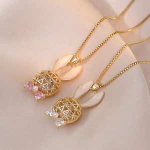 Cute Rabbit Pendant Necklace Hollow Geometric Sphere Zircon Enamel Heart Bow Artificial Pearl Titanium Steel Jewelry For Women