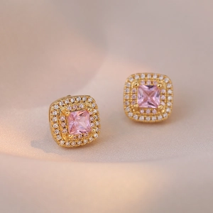 Vintage 925 silver earrings with pink zircon stone and double-layer micro-diamond halo