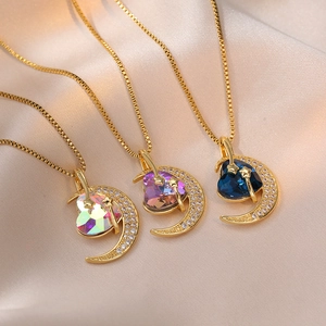 Collier En Acier Inoxydable Avec Pendentif Coeur Et Lune Zirconium Plaqué Or Bijou Élégant Pour Femme Cristal Bleu