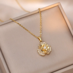 Rotatable Rose Flower Pendant Necklace Stainless Steel Zircon Inlaid Elegant Luxury Fashion Jewelry For Women