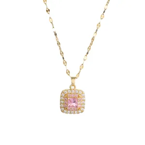 Pink square crystal pendant necklace with double halo diamond border on gold chain