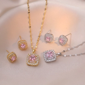 Square Pink Gemstone Pendant Necklace And Earrings Stainless Steel Rhinestone Inlaid Elegant Jewelry For Women