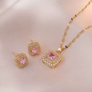 Elegant pink sugar cube necklace and stud earrings set with 18K gold-plated halo finish